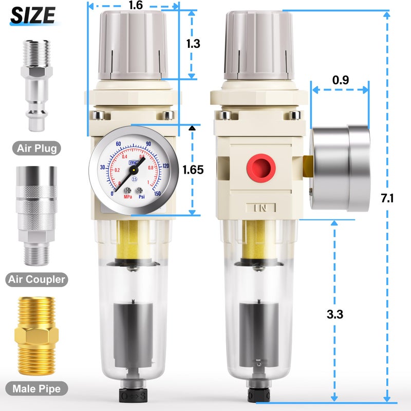 TAILONZ PNEUMATIC 1/4 Inch NPT Automatic Drain Air Filter Pressure Regulator Combo Piggyback, Air Tool Compressor Filter with Gauge AW2000-02D - Image 2